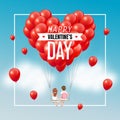 Cartoon lover couple on swing with group of red heart balloons in blue sky and text, Happy ValentineÃ¢â¬â¢s Day, vector illustration